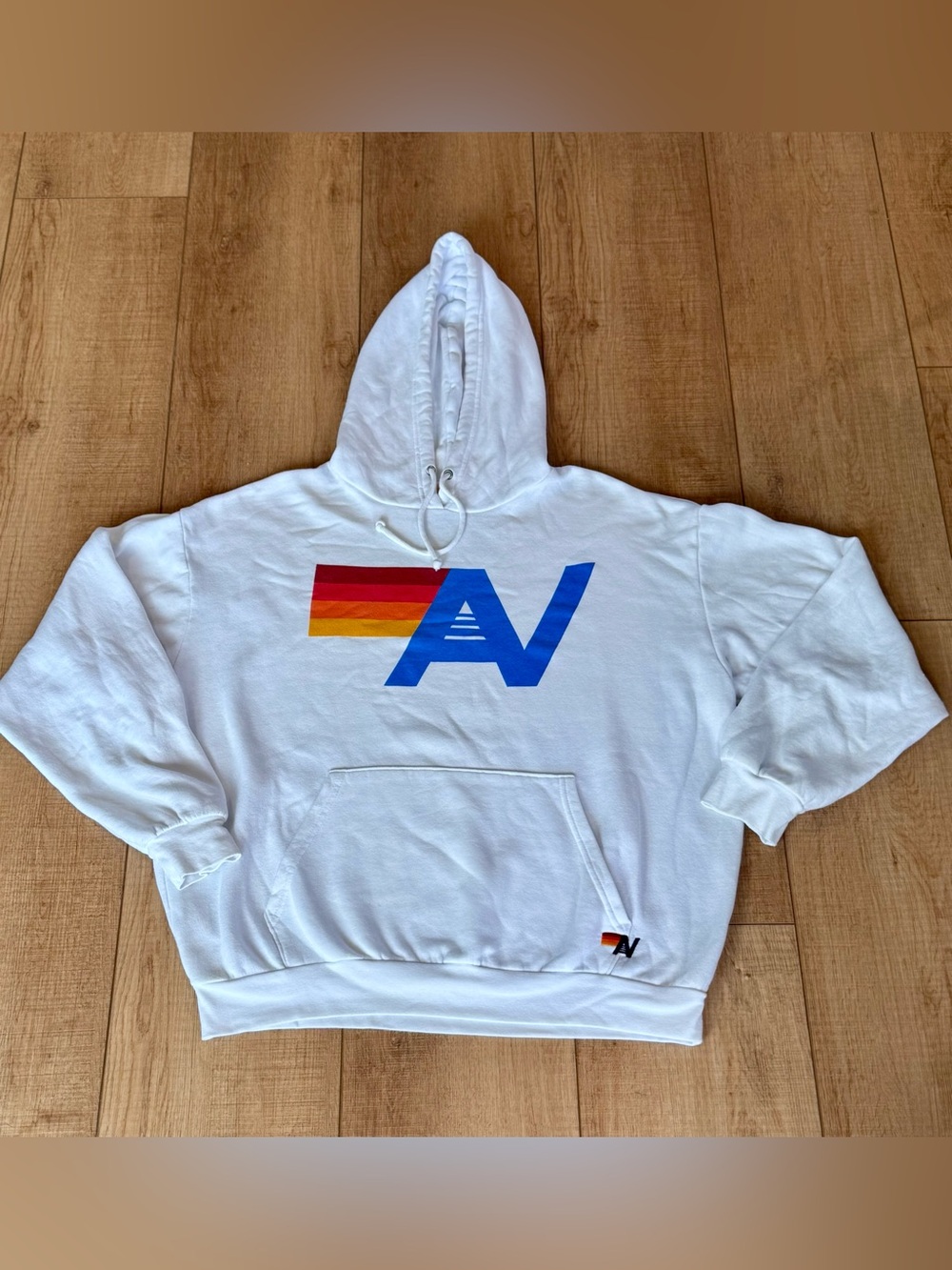 Aviator Nation Logo Pullover Hoodie Vintage White Rainbow AV Unisex L
